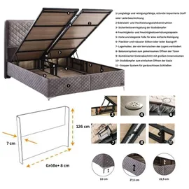 Bambi Boxspringbett 160x200 mit Bettkasten mit Matratzen Thermo Control Set Stauraum 7-Komfortzonen H3 (Weiß) - Weiß