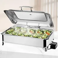 BOVDC Chafing Dish Elektrisch, 9L Edelstahl Speisewärmer Buffetwärmer Einstellbare Temperatur, Warmhaltebehälter Essen Elektrisch mit Sichtbarem Glasdeckel(Temperatur-Einstellknopf, Full Pan)