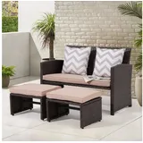 Sunsitt Gartenbank Outdoor Loveseat (3-tlg Terrassenmöbel-Set, Allwetter Rattan Gartenbank mit 2 Hocker), Braun Rattan&Beige Kissen beige