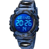 Digitaluhr für Kinder Jungen, 50M Wasserdicht Sportuhr Outdoor Digitaluhr für Kinder Stoßfest Silikon Uhrenarmband mit Alarm Stoppuhr LED Licht - Blau/Blau