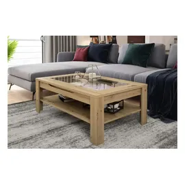 byLIVING Couchtisch Ralph/moderner Sofatisch mit Glaseinlage und großzügiger Schublade in Eiche-Optik/Beistelltisch mit viel Stauraum/B 110, H 43, T 67 cm