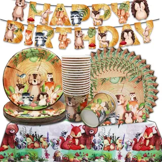 Shamoparty Dschungel Tiere Party Geschirr Geburtstag Deko im Herbst,Dschungel Safari Partygeschirr Set,Kindergeburtstag Banner für 20 Gäste, Teller Animals Tassen Servietten Tischdecke