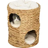 PawHut Kratztonne, 50 cm hoch Katzentonne mit 2 Höhle, Kratzbaum mit Kissen, Katzenturm aus Wasserhyazinthe, für Katze bis 3,5 kg, Hellbraun