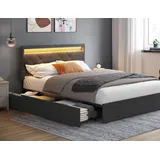 VASAGLE Doppelbettgestell, Bettgestell, 140 x 200 cm, LED, Metallbett, 4 Schubladen, Ladestation, verstellbares gepolstertes Kopfteil, Schiefergrau - Dunkelgrau