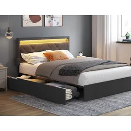 VASAGLE Doppelbettgestell, Bettgestell, 140 x 200 cm, LED, Metallbett, 4 Schubladen, Ladestation, verstellbares gepolstertes Kopfteil, Schiefergrau - Dunkelgrau