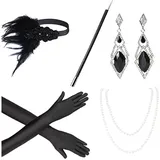 Asudaro 1920s Flapper Set Frau Gatsby Kostümzubehör Feder Stirnband Halskette Kopfschmuck Handschuhe Ohrringe Zigarettenhalter 20er Jahre Halloween Motto Party Retro Kostüm AccessoiresSet-5 Schwarz