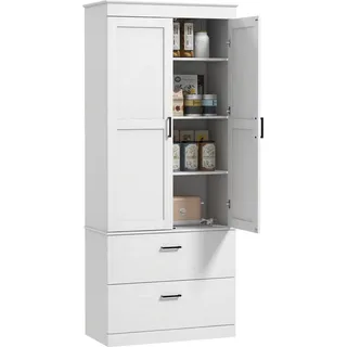 Homcom Küchenschrank, Hochschrank mit verstellbaren Regal, Schublade, Buffetschrank Aufbewahrungsschrank mit Landhaus-Stil Vitrinenschrank für Esszimmer Küche 75x39x178 cm Weiß