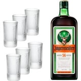 Jägermeister Set – 1 x 6er Set Shotgläser 4cl und 1 x 1,75l Premium Kräuterlikör 35% Vol. mit integrierter Ausschankhilfe für den perfekten Party Shot – Das Original aus Wolfenbüttel