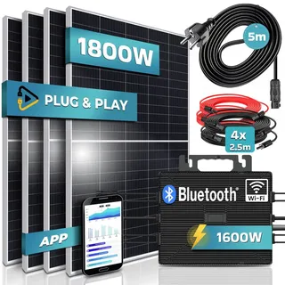 SUNNIVA® 1800W Balkonkraftwerk komplett Steckdose - ASTRO-ENERGY 1600W Wechselrichter - PV Solaranlage, 4x 450W Solarmodule, 5m Kabel - Bluetooth ...
