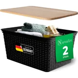 Novaliv 2er Set Eleganter Aufbewahrungskorb mit Holzdeckel in Rattan-Optik | Schwarz Lebensmittelecht Kunststoff 14L – Perfekt für Bad & Kleidun...