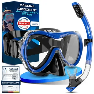 KAIMANA Tauchermaske AquaVision Elite Schnorchelset für Erwachsene inkl. Tragetasche, (Bequeme Taucherbrille Erwachsene, Alternative zur Schnorchelmaske), Taucherbrille mit Stoffband/Silikonstrap blau|schwarz Silikon-Strap