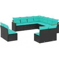 vidaXL 11-teiliges Gartensofa-Set mit Kissen, schwarzes Polyrattan - Schwarz