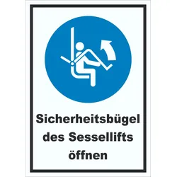 Sicherheitsbügel des Sessellifts öffnen Schild A4 (210x297mm)