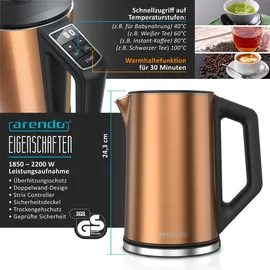 Arendo - Wasserkocher mit Toaster und Eierkocher SET Edelstahl Kupfer Wasserkocher 1,5L 40° - 100°C, Toaster 2 Scheiben LED-Display 6 Bräunungsgrade