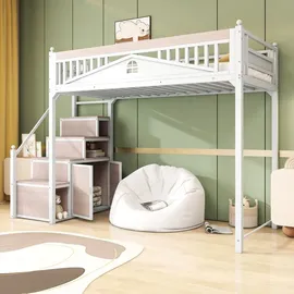 XDOVET Metall-Hochbett,Metall-Sicherheitszaun mit Metallkugel,Fensterdesign,Kletterleiter von links nach rechts austauschbar,Sicherheitsleiter mit Spinden