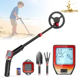 Metalldetektor Kinder, Leichtgewicht Kinder Metalldetektor mit Verstellbarem Stiel (66–83 cm), LCD Display und Wasserdichter Suchspule, Metalldetektor für Kinder mit Schaufel, Rechen, Sieb, Rot