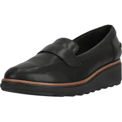 Slipper CLARKS "Sharon Gracie", Damen, Gr. 42, schwarz, Leder, klassisch, Schuhe, mit extra Stoßdämpfung für ultimativen Komfort