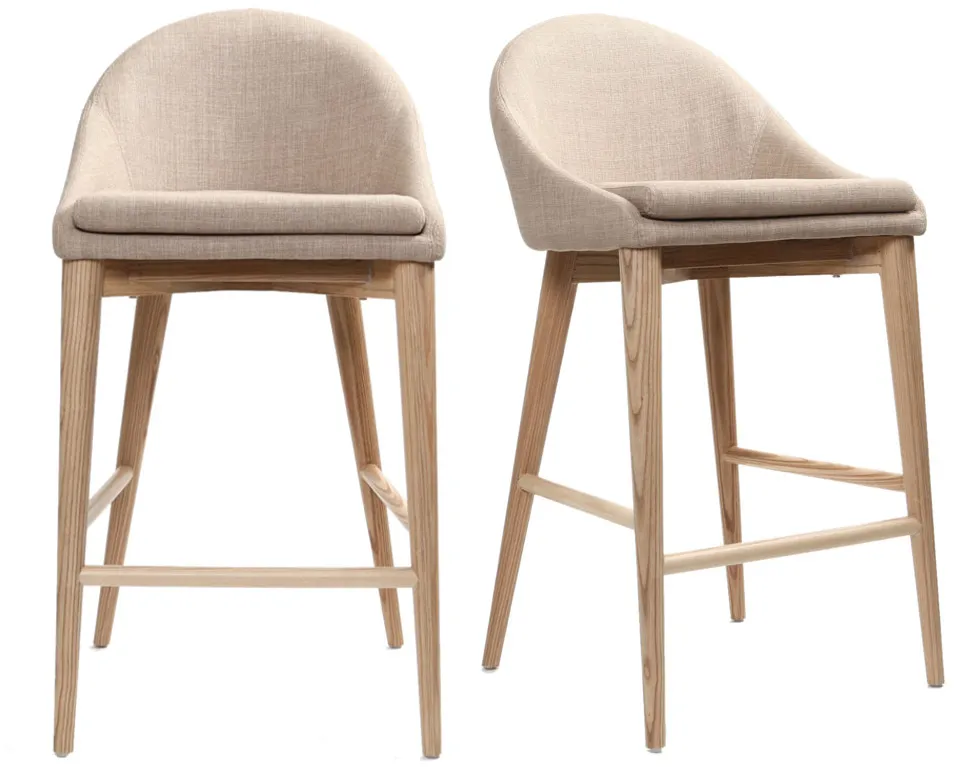 Tabourets de bar scandinaves en tissu beige et frêne massif H66 cm (lot de 2) DALIA