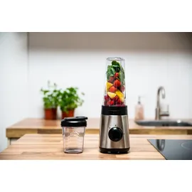 Alpina Smoothie Maker Mixer - Smoothie Mixer 300W - Inkl. Smoothie Becher 300ml und 600ml - 2 Geschwindigkeiten und Pulsierende Funktion - Edelstahl - Silber/Schwarz