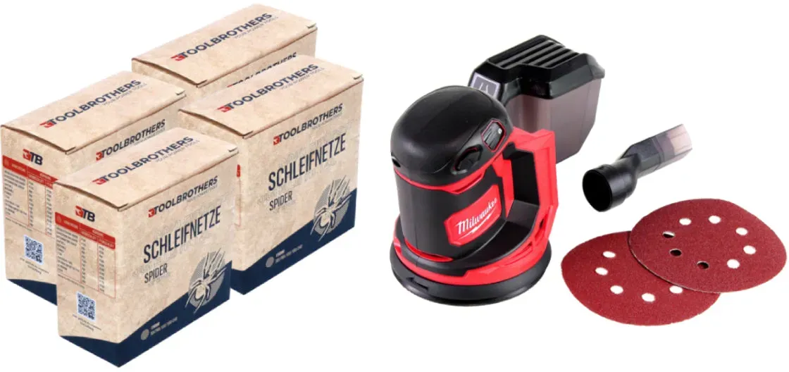 4x Toolbrothers SPIDER Schleifnetz-Set 125mm + Milwaukee M18 BOS125-0 Akku Exzenterschleifer 18V 125mm Solo - ohne Akku, ohne Ladegerät