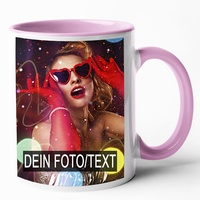 Keramik Tasse mit 2 Fotos & Text bedrucken Lassen - Fototasse Personalisieren - Kaffeebecher zum selbst gestalten (Rosa)
