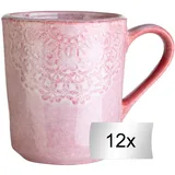 Home4You Kaffeetassen 12er Set, 355 ml - Rosa - Steingut - glasiert - mit floraler Prägung - 12er Set
