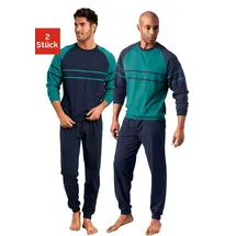 LE JOGGER Pyjama »Schlafanzug für Herren im Doppelpack« Packung, 2 Stück, 4 tlg. in langer Form mit aufgesetzten Streifen, Gr. 44/46 (S), grün, marine, , 620727-44