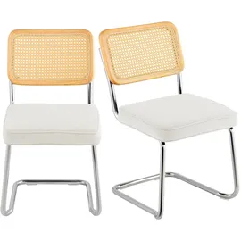 Vevor Rattanstühle, 2er-Set, Moderner Esszimmerstuhl, Gepolsterter Samt-Akzentstuhl mit Rattan-Rückenlehne, Retro-Esszimmer-Küchenstuhl für Wohnzimmer, Schlafzimmer, Lesezimmer, Weiß