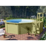 Woodfeeling Karibu Pool Modell 1 Set inkl. Filteranlage Skimmer mit Terrasse & Metallecken Ausführung Wände: kesseldruckimprägniert / Poolfolie: blau Sparset Sandfilteranlage & inkl. gratis Pool-Pflegeset (Gesamtwert 69 €)