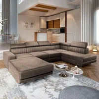 masseno Eckcouch Polyester U-Form mit Schlaffunktion 2-Sitzer Beige