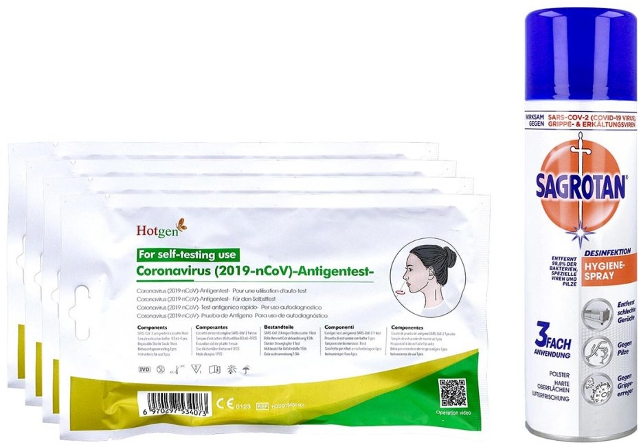 4x Hotgen Coronavirus Nasentest + Sagrotan Hygiene-spray