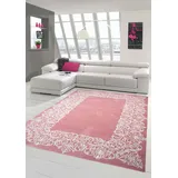 Traum Teppich Designerteppich Moderner Teppich Wohnzimmerteppich Kurzflor Teppich mit Bordüre Rosa Weiß, Größe 140x200 cm