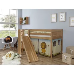 Hochbett TICAA "Ekki", beige (buche natur lackiert, safari), B:179cm H:113cm L:205cm, Hochbetten, mit Rollrost und Textil-Set wahlweise mit Matratze, Buche