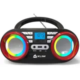 Klim Boombox B3 Tragbarer CD Player + FM Radio, MP3, Bluetooth, AUX, USB, RGB LED + kabel- & kabelloser Betrieb mit wiederaufladbaren Akku blau - Rot