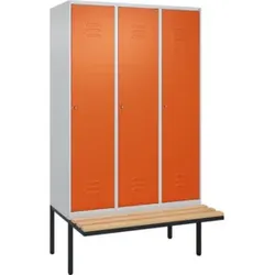 C+P Spind Classic PLUS, Bank, 3 Abteile, 2120x1200x815mm, 7035/2004 Verschluss Zylinderschloss 4 Garderobenhaken Sitzbanktyp auskragend