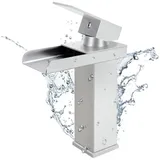 Eumaty Waschtischarmatur Badarmatur Wasserhahn Bad Wasserfall Wasserhahn,Mischbatterie (Waschbecken Armaturen, 1-St., Waschtischarmatur aus Edelstahl 304) Ventilkern aus Keramik,Geräuscharm silberfarben