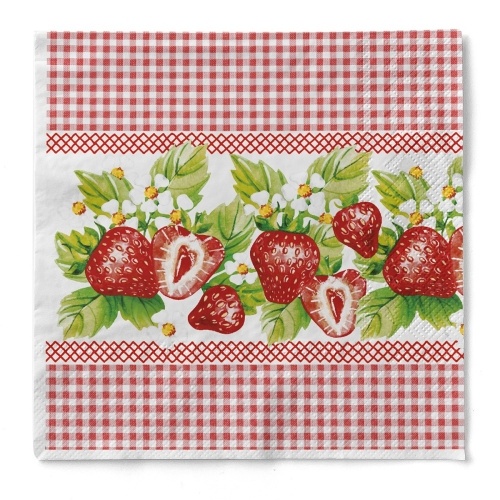 Sovie HOME Serviette Erdbeeren in Rot-Weiß aus Tissue 33 x 33 cm, 20 Stück - Erdbeeren Frühling Sommer Karo Muster
