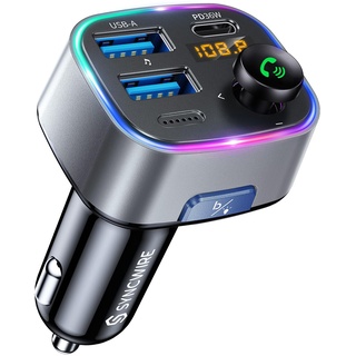 SYNCWIRE Bluetooth 5.3 FM-Transmitter-Autoladegerät 48W (PD 36W &12W) Dualer USB-Anschluss Ladegerät KFZ-Adapter, Kabelloser Radio, LED-Display, Unterstützung 64GB USB-Laufwerk, Lichtschalter, Grau