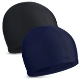 2 Stücke Elastische Badekappen Komfortable Stoff Badehut Leichte Badekappen für Frauen Männer Kinder beim Schwimmen (Schwarz, Marineblau)