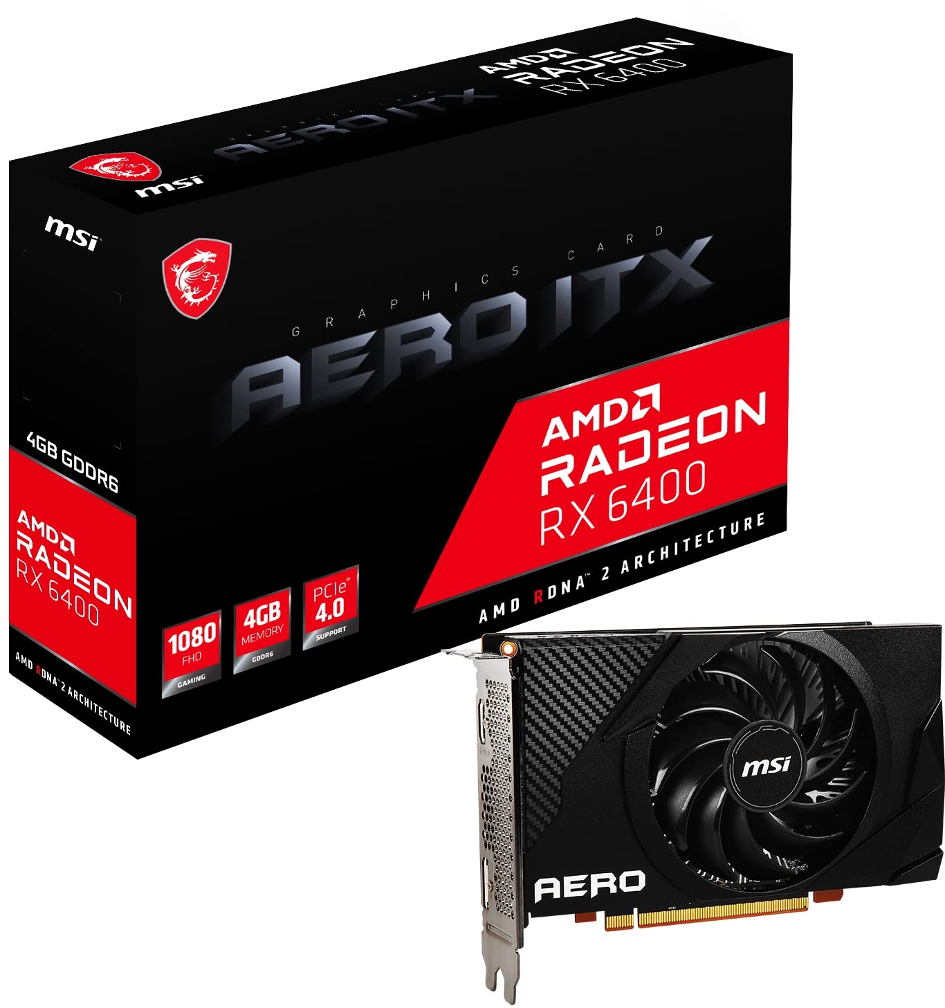 MSI Radeon RX 6400 AERO ITX 4G Gaming Grafikkarte - AMD RX 6400, GPU 2039/2321 MHz, 4000MB DDR6 Speicher