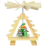 Kleine Weihnachts-Pyramide Tannenbaum, drehend, H: 16 cm, Natur, handbemalt im Kunsthandwerks-Stil