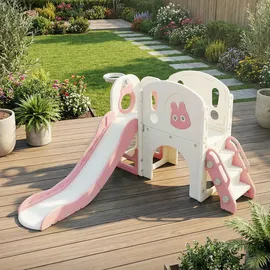 joyz Spielturm mit Rutsche und Basketballkorb 5 in 1 Rosa