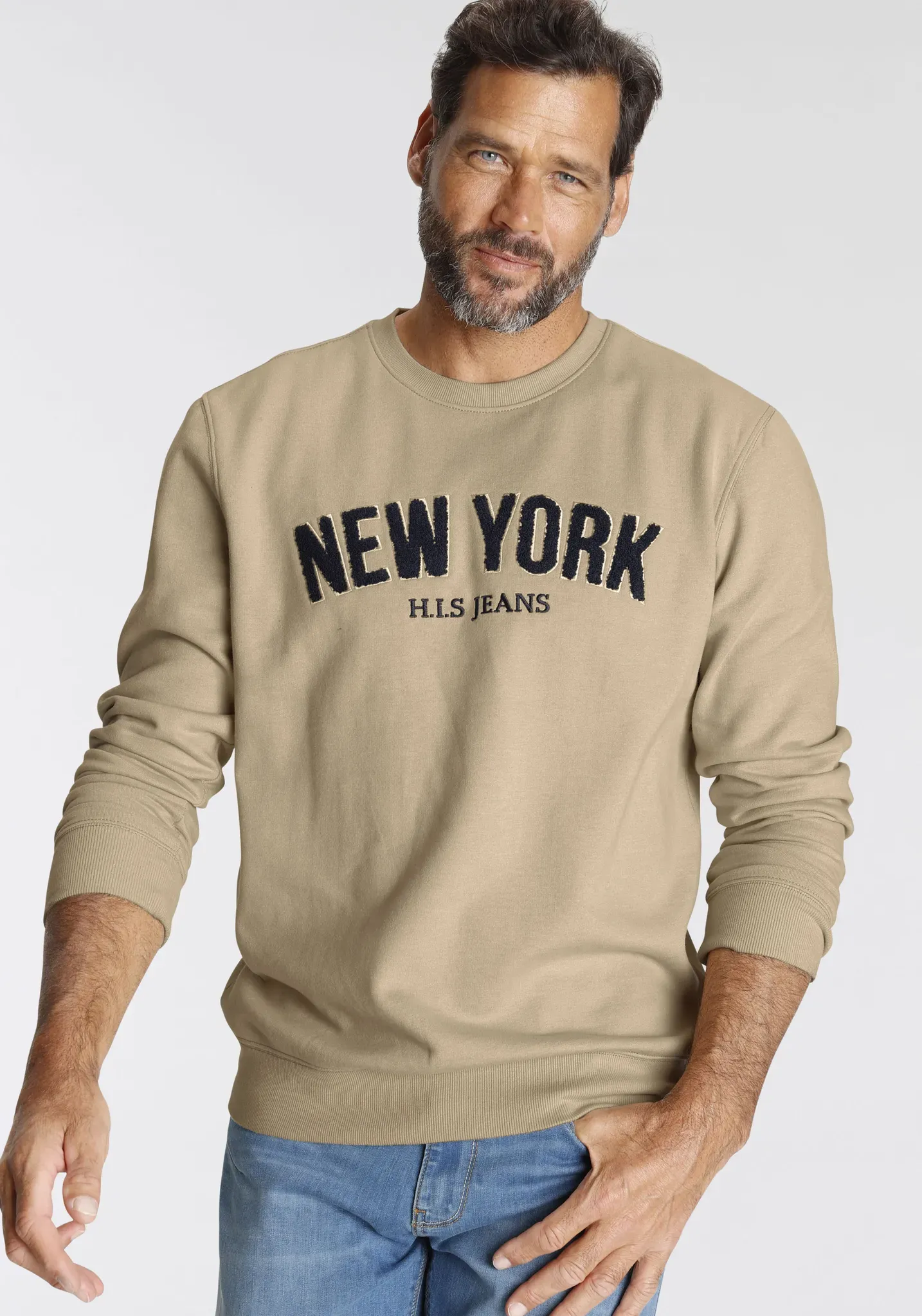 Sweater H.I.S, Herren, Gr. XL (56/58), beige, Sweatware, Obermaterial: 60% Baumwolle, 40% Polyester, bestickt, normal, Rundhals, Bündchen, Sweatshirts Sweater, Langarm, lockere Passform, bestickte Optik, Rundhalsausschnitt