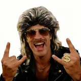 Feithmonic Vokuhila Perücke Herren, 80er Jahre Outfit Männer Perücken Set, mit Bart Brille Halskette Ring Lustig Wig, 70 90s Disco Hippie Verkleidung, Faschingkostüm für Karneval Halloween Rock Party