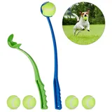 Relaxdays 4 x Ballschleuder für Hunde, Ballwerfer Set, inklusive 10 Tennisbälle, Ballwurfarm, Hundespielzeug Werfer, blau/grün