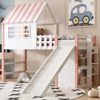 Kinderbett 90x200 cm, Dachboden-Design mit Sicherheitsleiter & -rutsche, mehrstöckigen Ablagefächern, Massivholz-Hochbett Einzelbett, rosa - Rosa