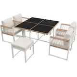 7-teiliges Esstisch- und Stuhlset 118x118x74cm Weiss 6 Personen den Aussenbereich Tisch  Gehaertetem Glas PE-Rattan-Umwicklung Handlaufplatte - Weiß