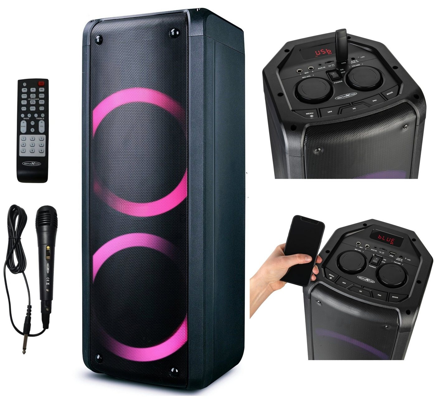 Reflexion PS09BT mit rotierenden Lichteffekten Stereo Party-Lautsprecher (Bluetooth, 500 W, Bluetooth, Radio, USB, AUX IN, Micro SD Kartenslot) schwarz