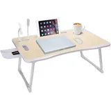 Laptop Betttisch, Faltbarer Laptop-Betttisch mit USB-Ladeanschluss, Griff, Kartenfach, Becherhalter, Seitenschublade, tragbarer Laptoptisch zum Essen, Lesen und Arbeiten im Bett