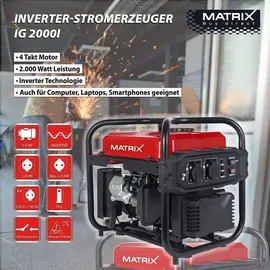 Matrix Notstromaggregat Benzin leise Generator Inverter Stromerzeuger Benzin Stromaggregat tragbar Stromgenerator IG 2000i | 2000 Watt | 4 T...